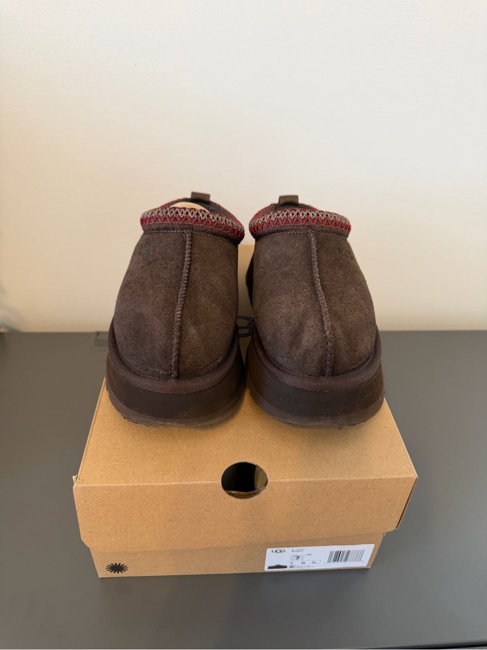 UGG Women’s Chocolate Brown Suede Slip-On with Red Trim